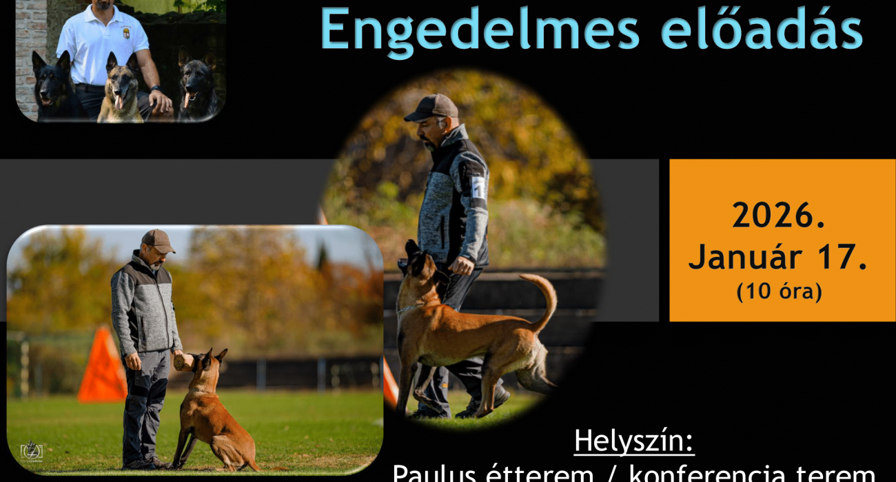 "Engedelmes" szeminárium Suszter Ferenc Pécsett, a Syrius Kutyaiskola szervezésében, 2026-01-17-én